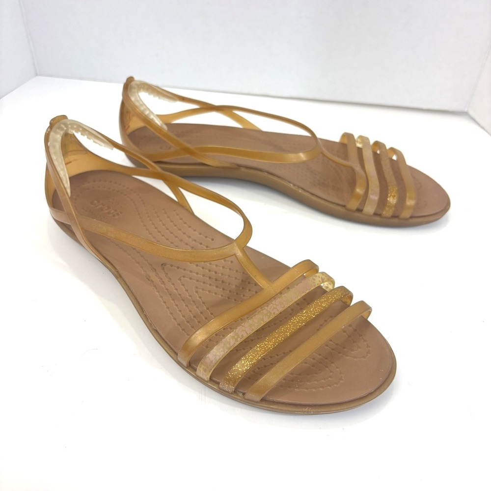 Crocs Isabella T-Strap Jelly Sandals Womens 10 41 Gold Glitter Comfort Shoes